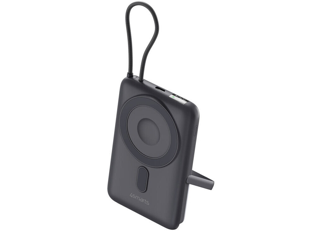 Szary powerbank z okrągłym wzorem na powierzchni i logo \'4smarts\'. Posiada uchwyt w formie pętli oraz widoczne złącza na krawędzi.