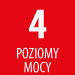 Czerwony kwadrat z białym napisem \'4 POZIOMY MOCY\'.