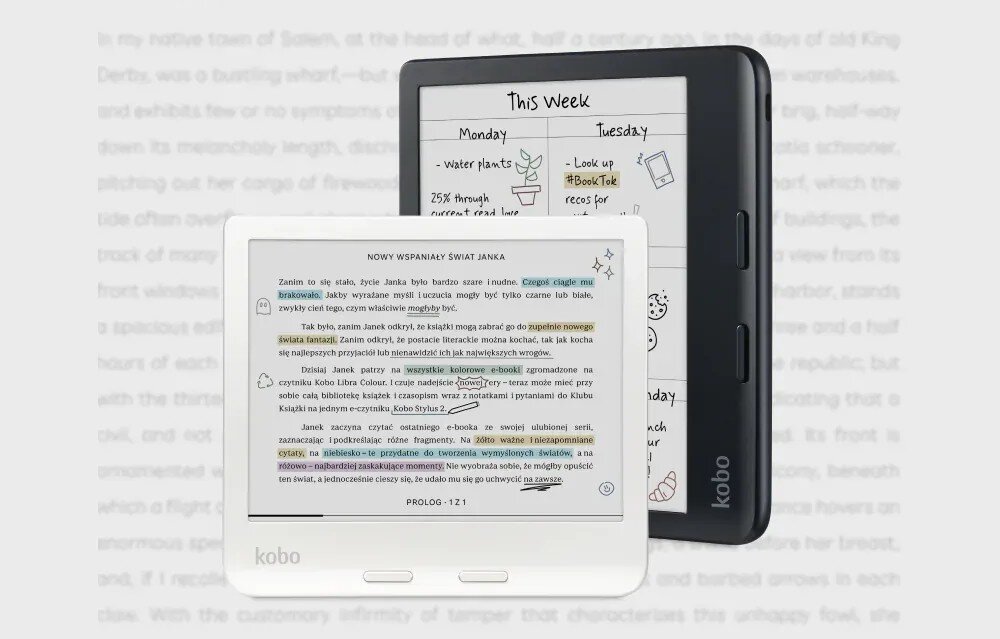 Na obrazie widoczne są dwa czytniki e-booków marki kobo. Przedni czytnik wyświetla tekst z książki, a tylny pokazuje listę zadań na tydzień z rysunkami i tekstem \'This Week\'.