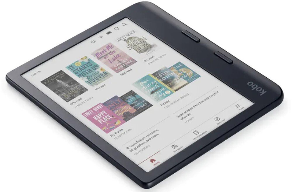 Czytnik e-booków z widocznym ekranem wyświetlającym okładki książek i interfejs użytkownika. Na obudowie znajduje się logo \'Kobo\'.