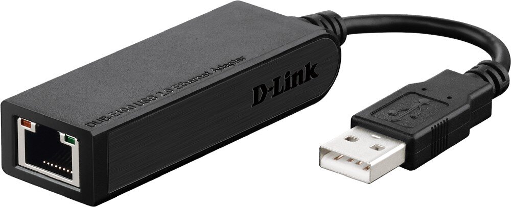 Adapter D-LINK DUB-E100 Czarny adapter sieciowy pokazany pod skosem z gniazdem ethernet na przodzie i kablem USB z tyłu. Na boku widnieje napis 'D-Link', a na górze mniejszy nadruk informacyjny
