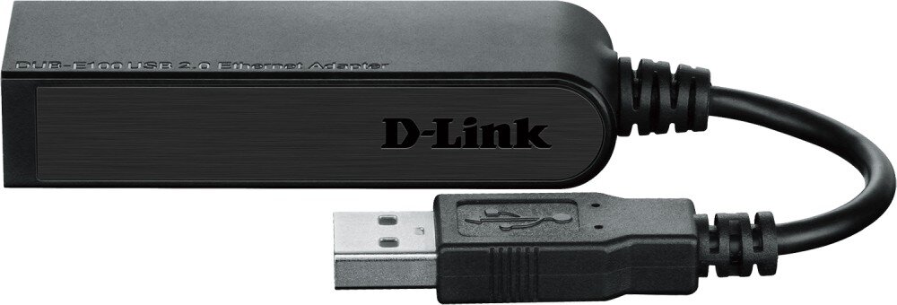 Adapter D-LINK DUB-E100 Widok z boku na podłużny czarny adapter z kablem zakończonym wtyczką USB. Na bocznej ścianie znajduje się logo 'D-Link', a na górnej krawędzi widnieje drobny tekst techniczny