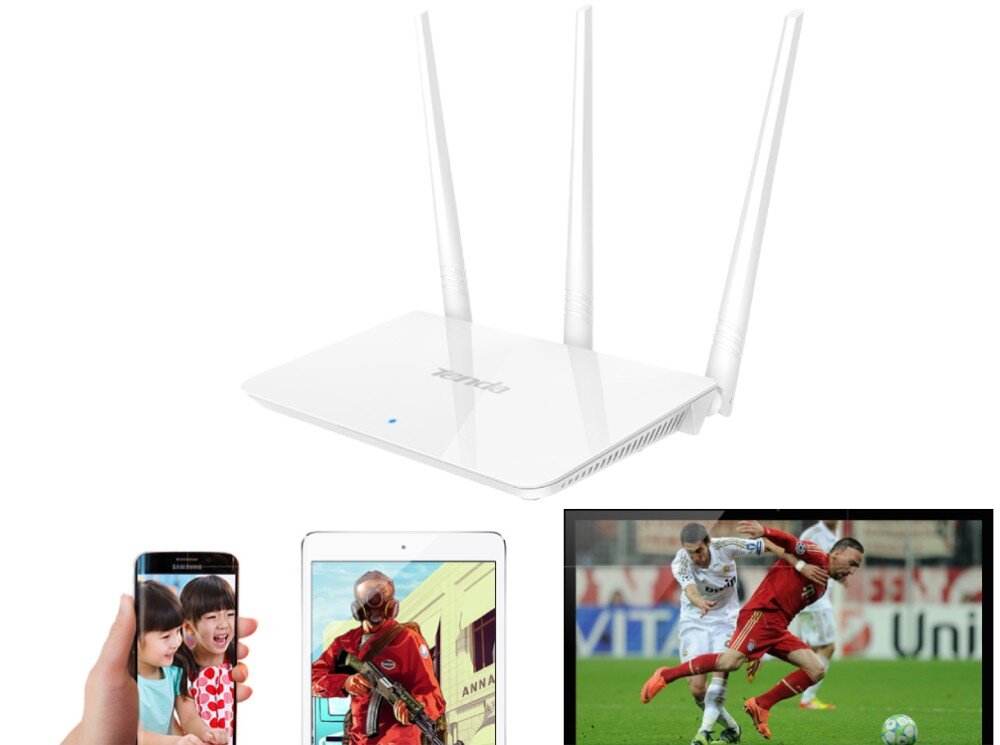 Router TENDA F3 Zestawienie białego routera z trzema antenami oraz trzech ekranów poniżej: smartfona wyświetlającego roześmiane dzieci, tabletu z postacią z gry w czerwonym kombinezonie i telewizora pokazującego mecz piłki nożnej
