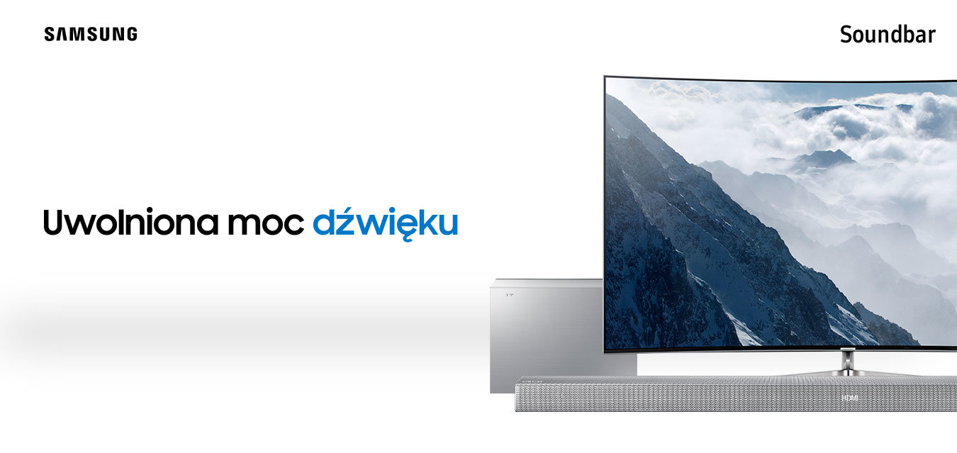 Czarny soundbar Samsung stojący pod telewizorem Samsung, za nim znajduje się czarny subwoofer.