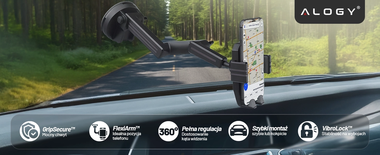 Uchwyt na telefon zamontowany na desce rozdzielczej samochodu, trzymający telefon z widoczną mapą. Na dole obrazu znajdują się ikony i teksty: \'GripSecure™ Mocny chwyt\', \'FlexiArm™ Idealna pozycja telefonu\', \'360° Pełna regulacja Dostosowanie kąta widzenia\', \'Szybki montaż szybkie lub kokpicie\', \'VibroLock™ Stabilność na wybojach\'.