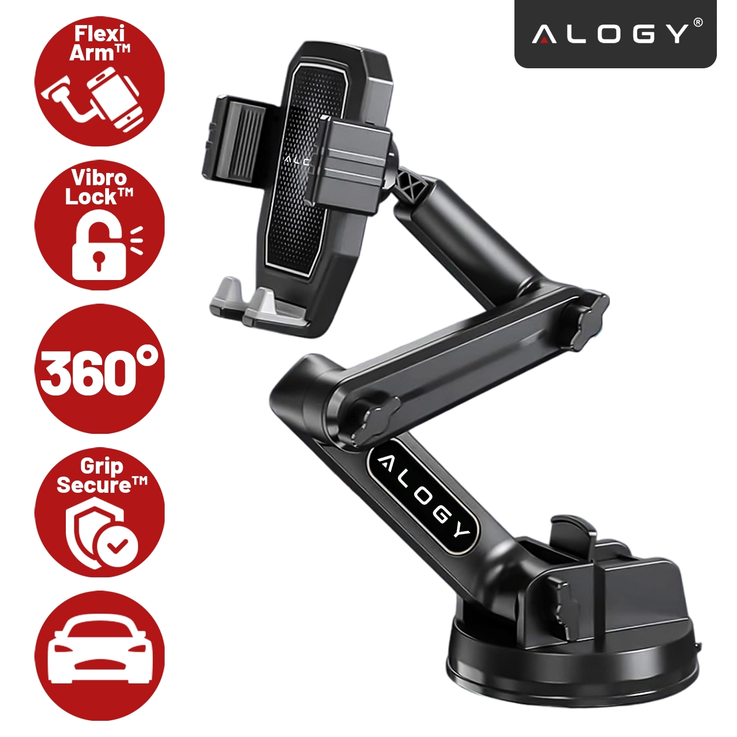 Czarny uchwyt na telefon do samochodu z logo \'Alogy\', posiadający regulowane ramię i przyssawkę. Obok widoczne są ikony z napisami: \'Flexi Arm™\', \'Vibro Lock™\', \'360°\', \'Grip Secure™\'.