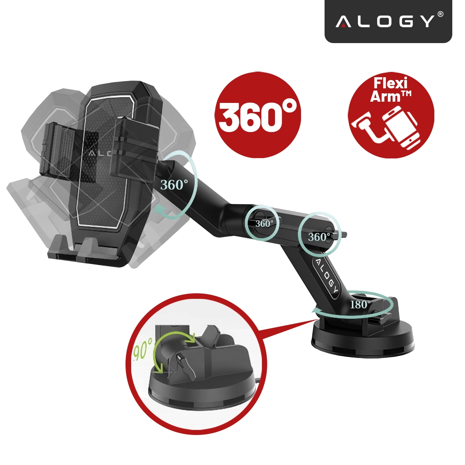 Uchwyt na telefon do samochodu w kolorze czarnym z logo Alogy, posiadający funkcję obrotu 360 stopni i regulowany ramię Flexi Arm™. Widoczne są oznaczenia kątów obrotu: 360°, 180° i 90°.