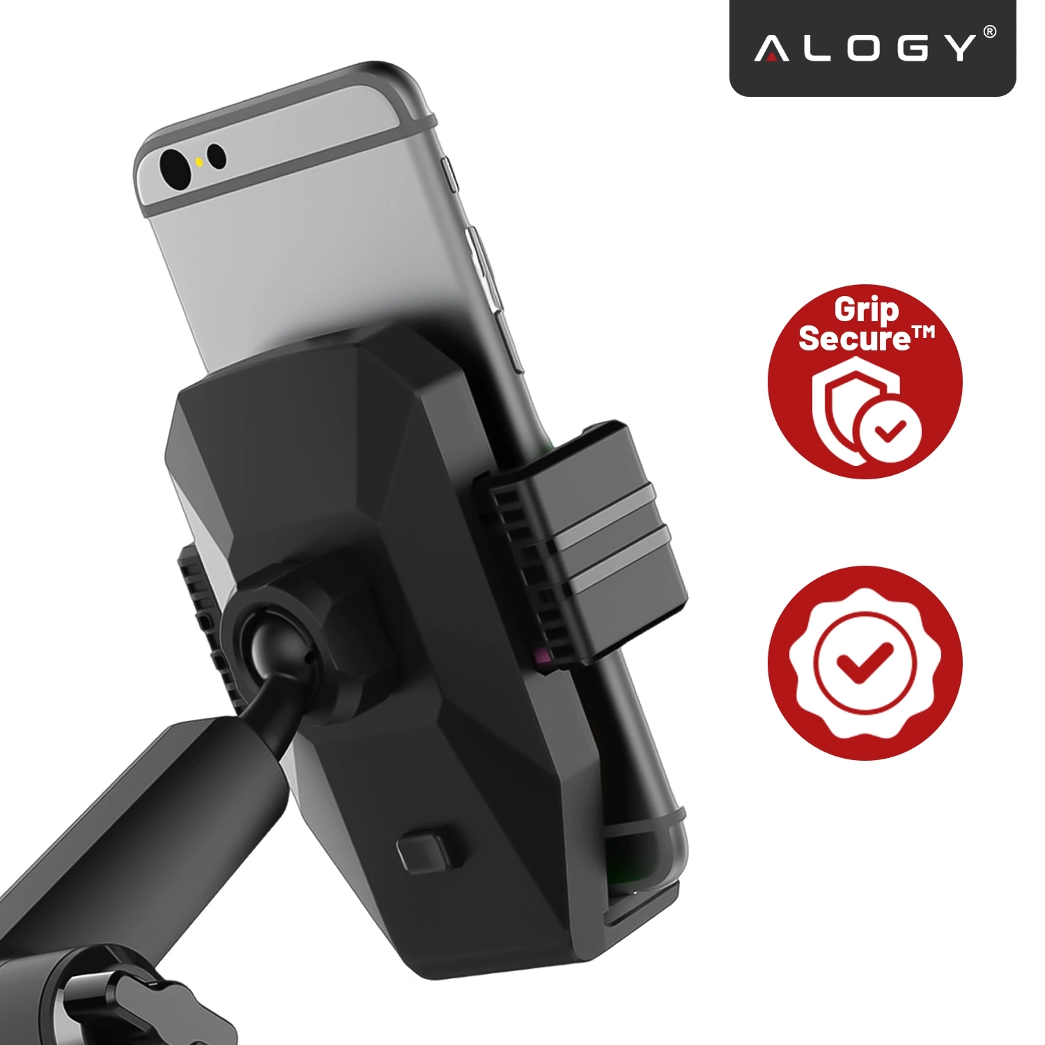 Czarny uchwyt na telefon z zamocowanym smartfonem, obok dwa czerwone symbole z napisami \'Grip Secure™\'. W prawym górnym rogu widoczne logo \'ALOGY\'.