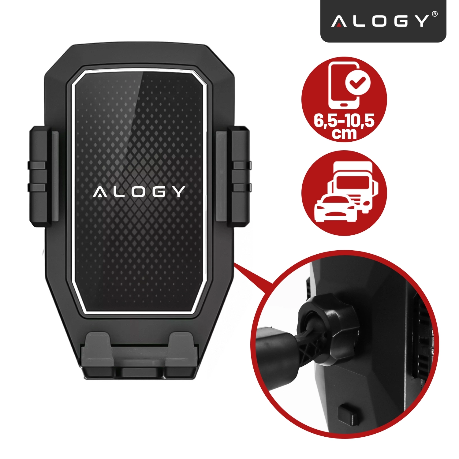 Czarny uchwyt na telefon marki Alogy z widocznym logo, przeznaczony do urządzeń o szerokości 6,5-10,5 cm. Obok uchwytu znajdują się ikony przedstawiające telefon oraz pojazdy, takie jak ciężarówka i samochód osobowy.