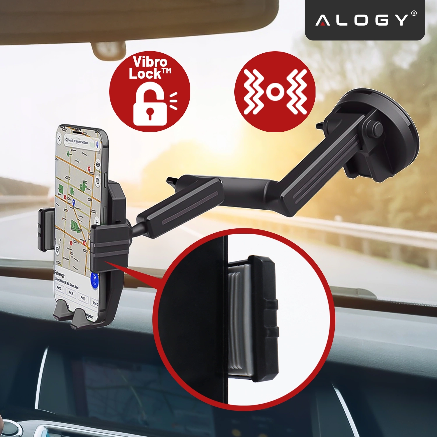 Czarny uchwyt na telefon zamontowany na szybie samochodu, z widocznym telefonem wyświetlającym mapę. Logo \'ALOGY\' oraz ikony \'Vibro Lock™\' i symbol wibracji znajdują się na obrazie.