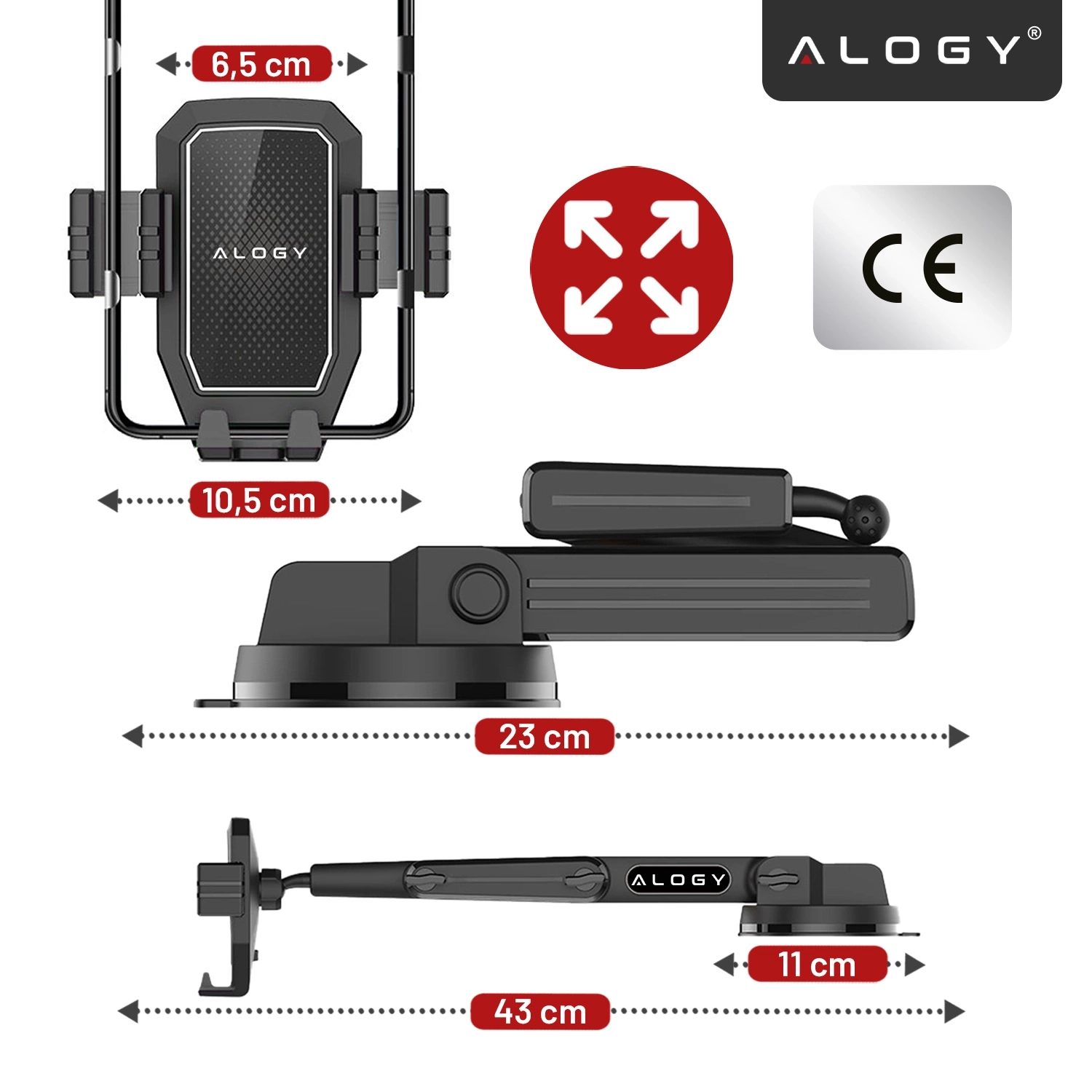 Obraz przedstawia czarny uchwyt na telefon marki Alogy z wymiarami: 6,5 cm, 10,5 cm, 23 cm i 43 cm. Widoczne są również symbole CE i logo Alogy.