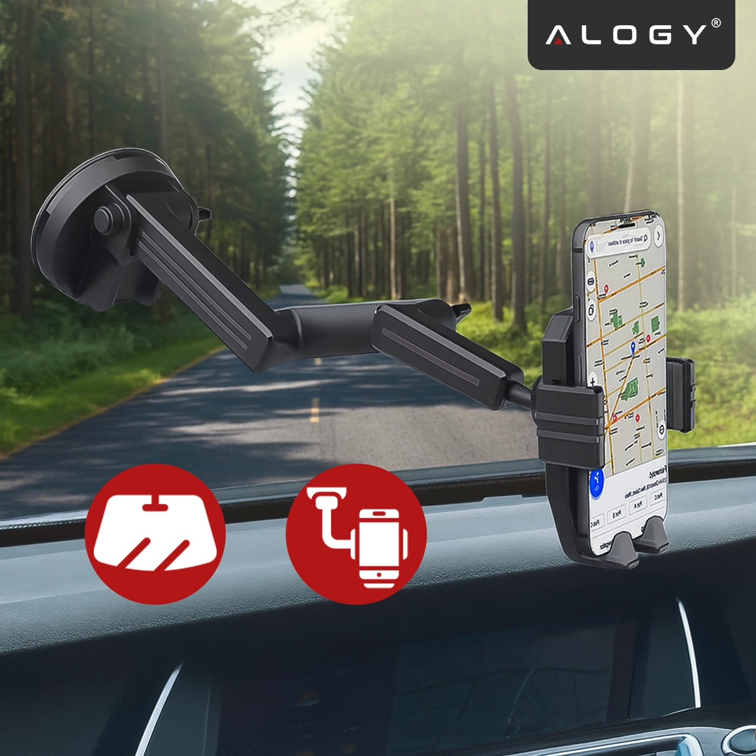Uchwyt na telefon zamontowany na desce rozdzielczej samochodu, trzymający telefon z widoczną mapą na ekranie. W prawym górnym rogu widoczne jest logo \'ALOGY\'.