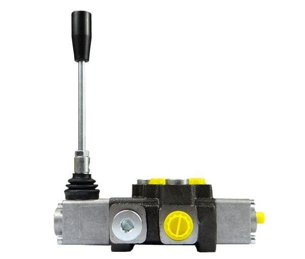 Na zdjęciu znajduje się metalowy rozdzielacz hydrauliczny z czarną dźwignią i żółtymi elementami. Produkt ma solidną, przemysłową konstrukcję.