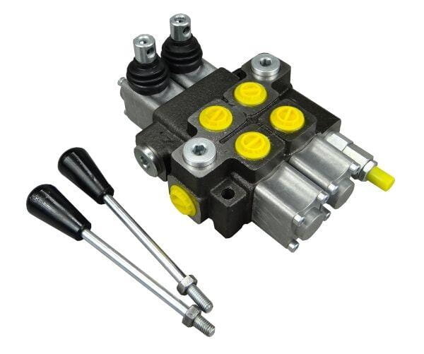 Na obrazie widoczny jest metalowy rozdzielacz hydrauliczny z żółtymi elementami i dwoma czarnymi dźwigniami. Produkt ma solidną konstrukcję z kilkoma śrubami mocującymi.