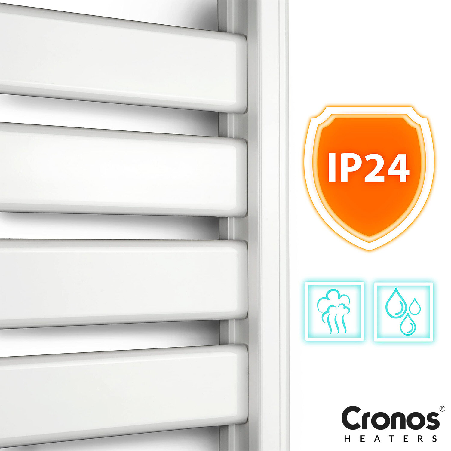 Obraz przedstawia biały grzejnik łazienkowy z poziomymi panelami. Widoczne są oznaczenia IP24 oraz logo Cronos Heaters.