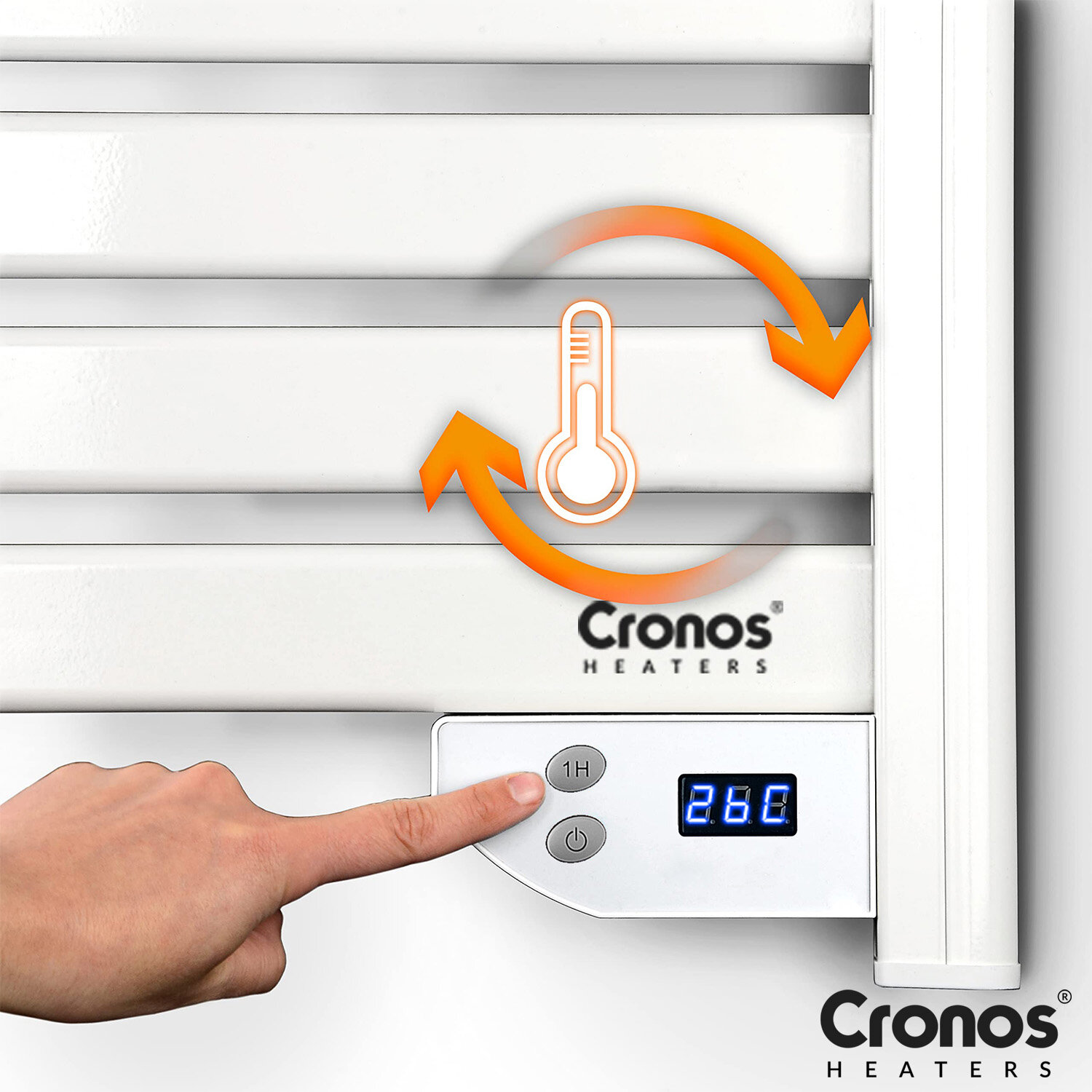 Biały grzejnik łazienkowy z wyświetlaczem pokazującym temperaturę 26°C i przyciskami do regulacji. Logo \'Cronos Heaters\' widoczne na urządzeniu.