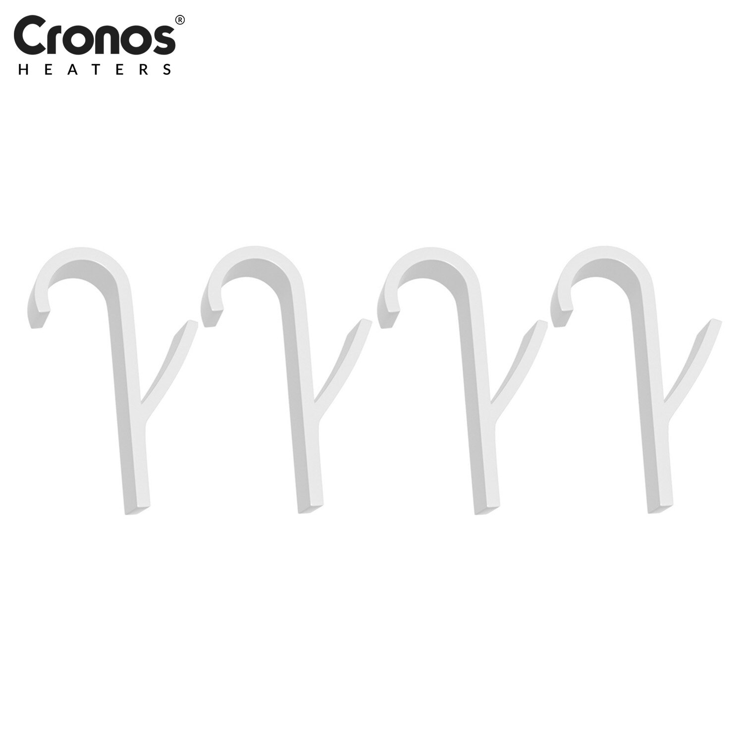 Na białym tle widoczne są cztery białe haczyki o prostym, zakrzywionym kształcie. W lewym górnym rogu znajduje się logo \'Cronos HEATERS\'.