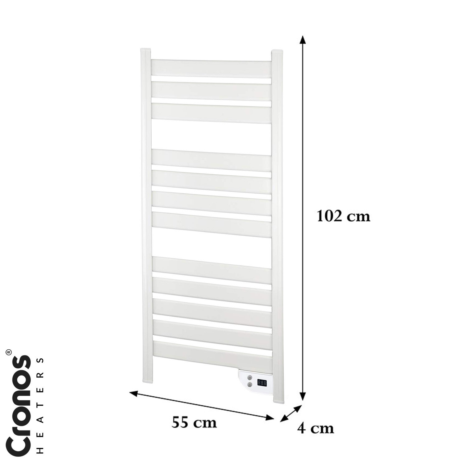 Biały grzejnik łazienkowy z poziomymi rurkami, o wymiarach 102 cm wysokości, 55 cm szerokości i 4 cm głębokości. Widoczne logo \'Cronos Heaters\'.