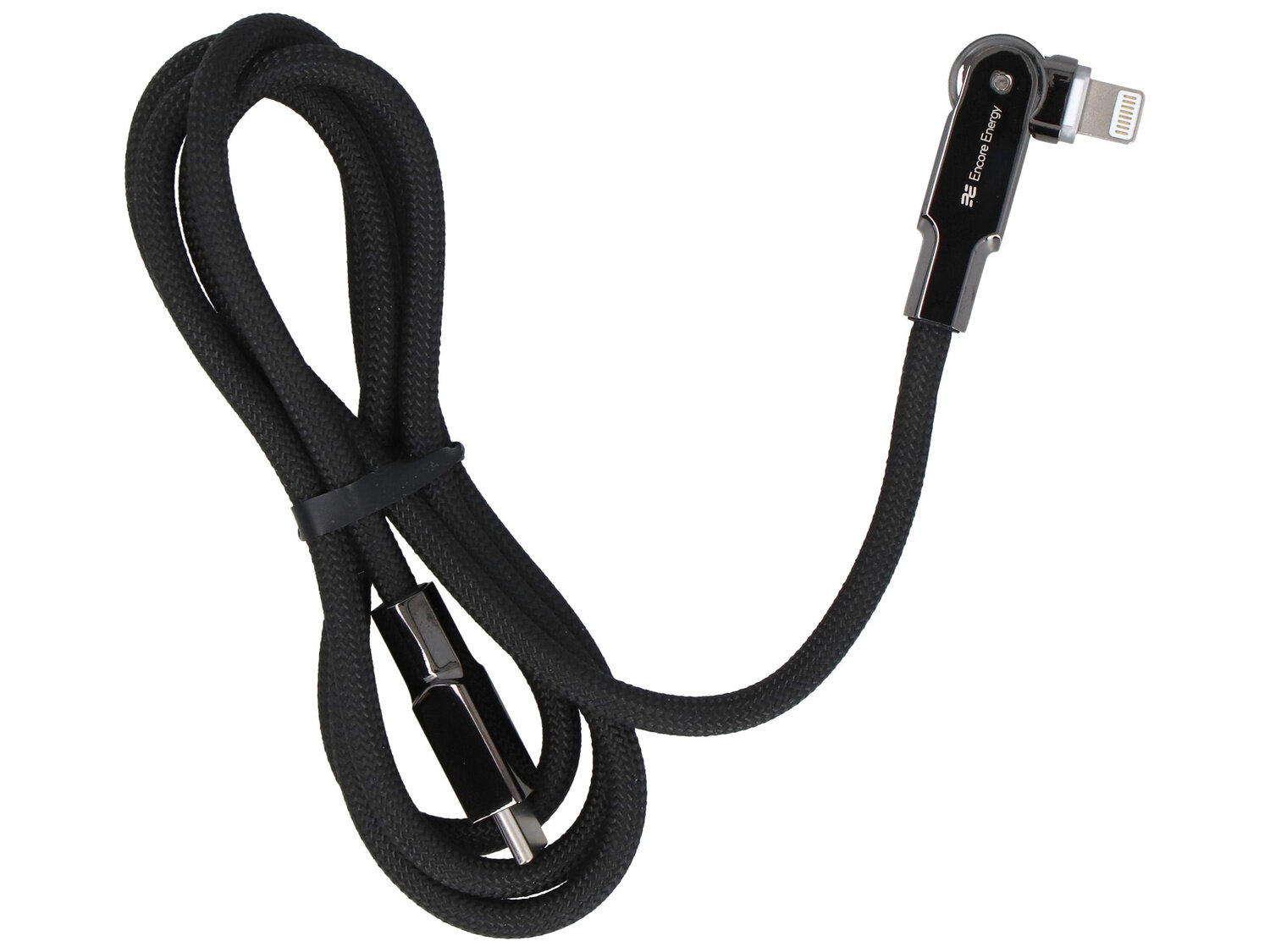 Czarny, pleciony kabel z końcówkami USB-C i Lightning, z widocznym logo \'Encore Energy\' na jednej z końcówek.