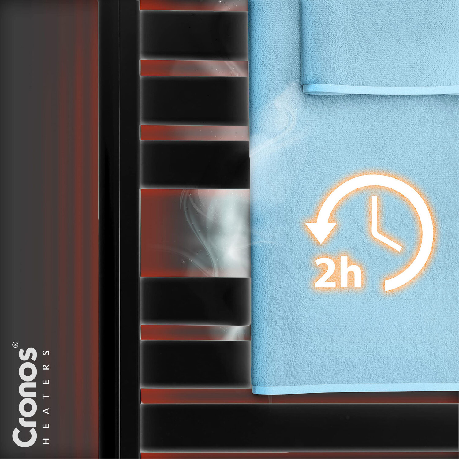 Obraz przedstawia czarny grzejnik łazienkowy z ręcznikiem w kolorze niebieskim. Widoczny jest symbol zegara z napisem \'2h\' oraz logo \'Cronos Heaters\'.