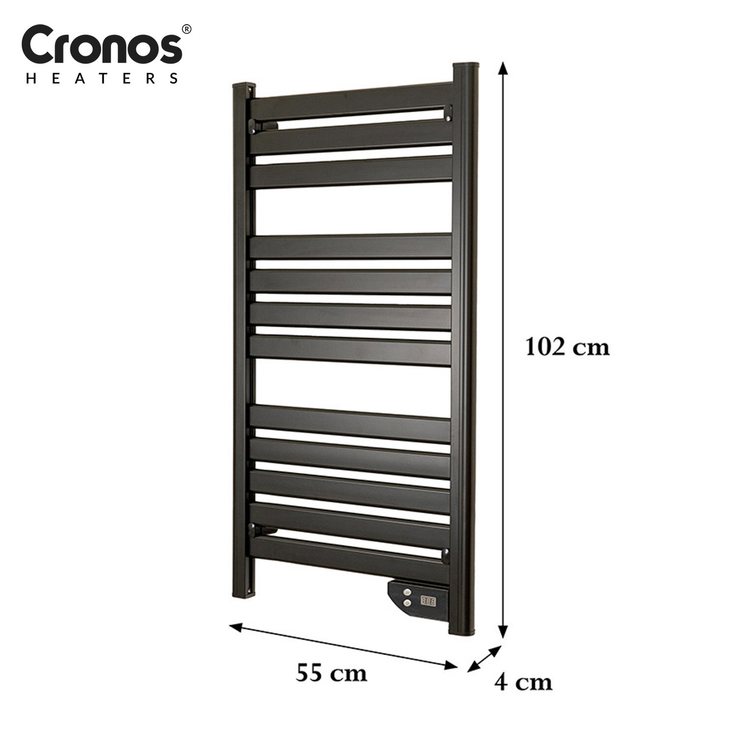 Czarny grzejnik łazienkowy z poziomymi panelami, o wymiarach 102 cm wysokości, 55 cm szerokości i 4 cm głębokości. Widoczne logo \'Cronos HEATERS\'.