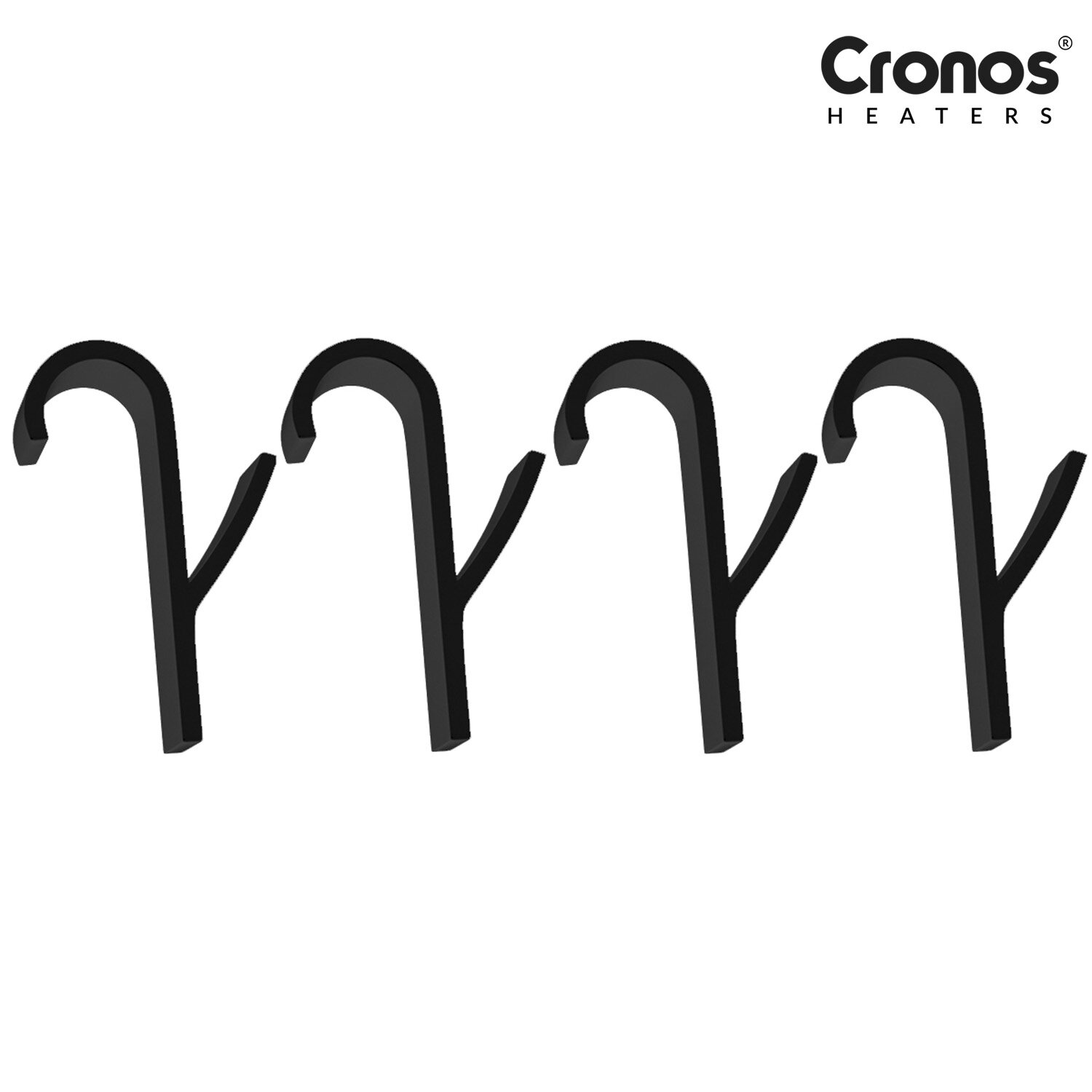Obraz przedstawia cztery czarne haczyki o prostym, zakrzywionym kształcie. W prawym górnym rogu widoczne jest logo \'Cronos Heaters\'.
