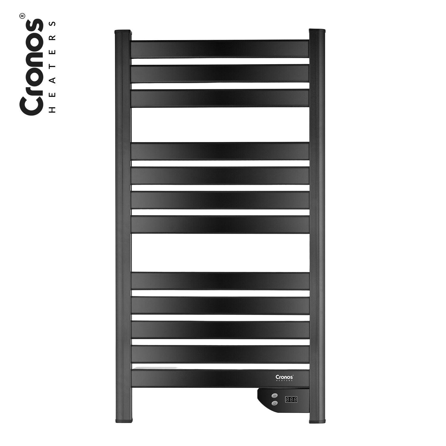 Czarny grzejnik łazienkowy z poziomymi, płaskimi rurkami i cyfrowym wyświetlaczem na dole. Logo \'Cronos HEATERS\' widoczne po lewej stronie.