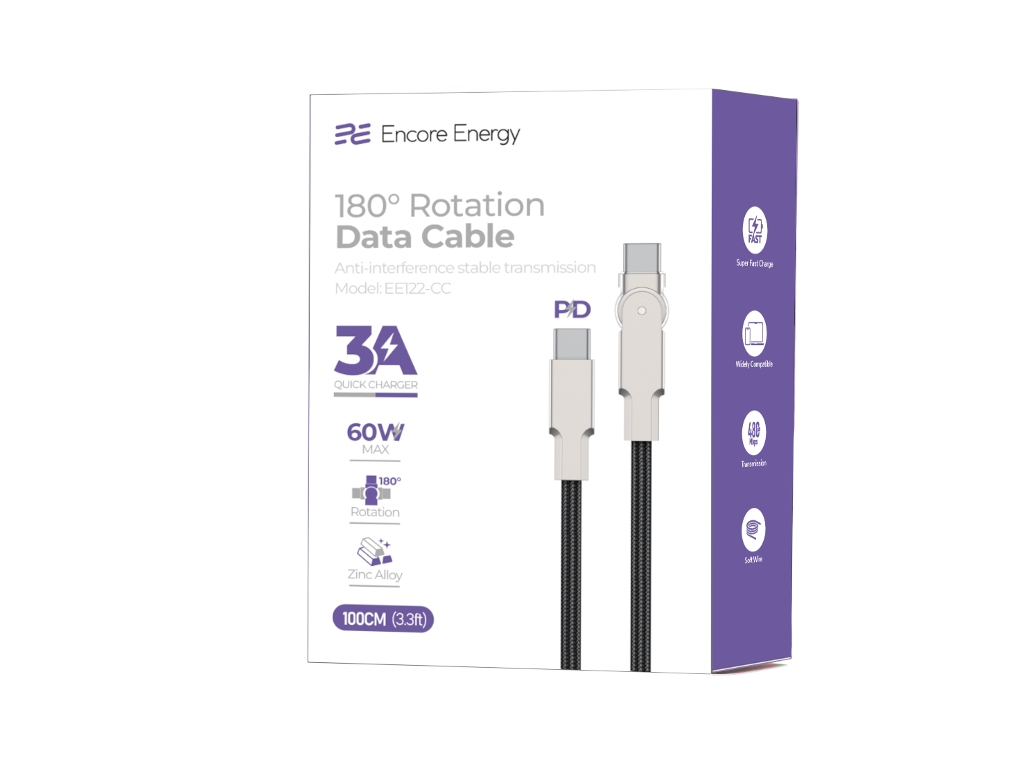 Opakowanie kabla USB-C — USB-C marki Encore Energy, model EE122-CC, o długości 100 cm i mocy 60W. Na opakowaniu widoczne są informacje o funkcjach: 180° Rotation, Quick Charger 3A, Zinc Alloy oraz PD.