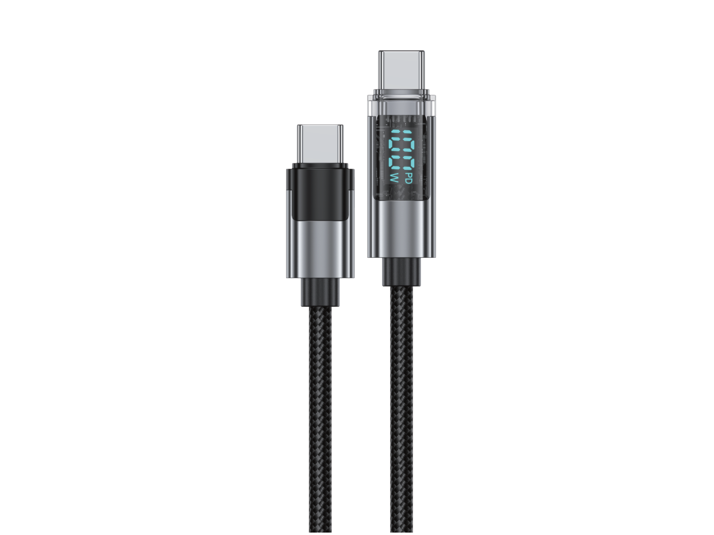 Obraz przedstawia czarny kabel USB-C z plecionym oplotem. Jeden z końców kabla ma wyświetlacz z niebieskim napisem \'PD W\'.