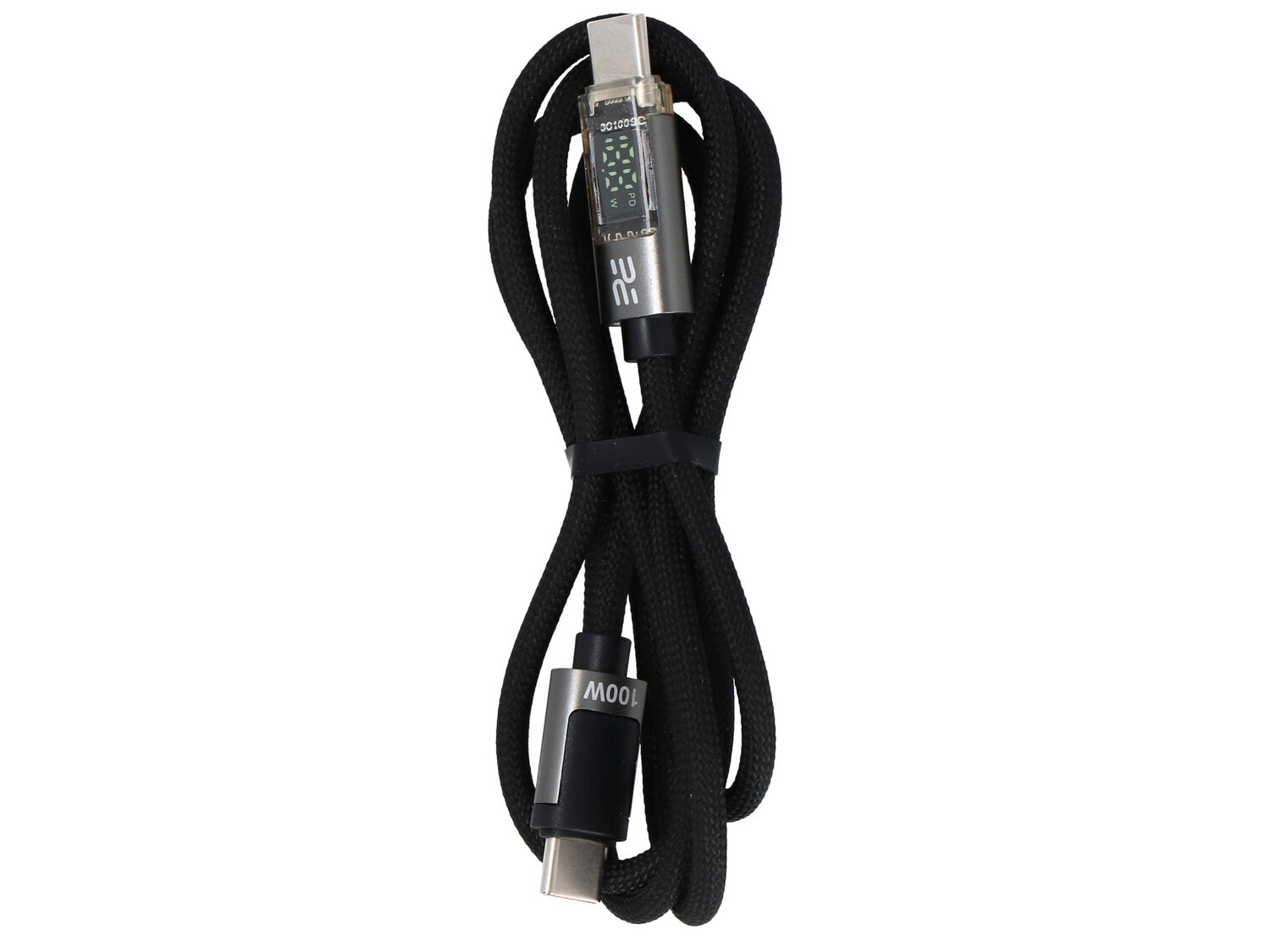 Czarny, pleciony kabel USB-C — USB-C z widocznym napisem \'100W\' na jednym z końców. Kabel jest zwinięty i spięty opaską.