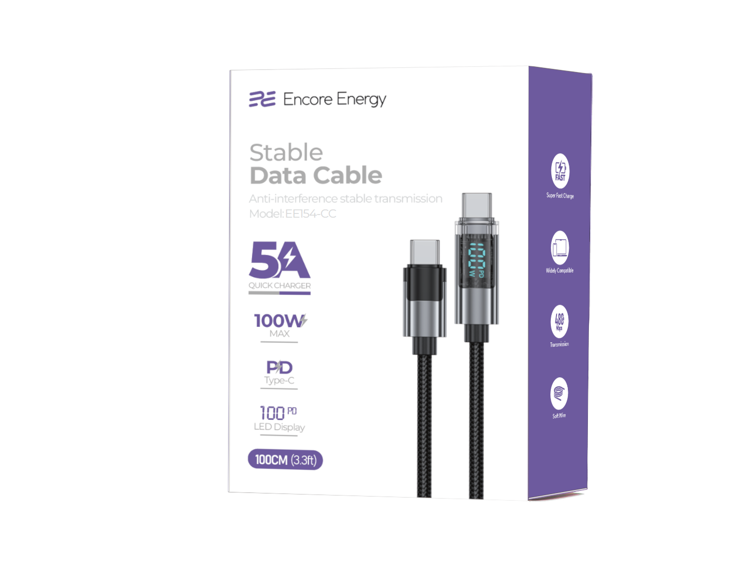 Opakowanie kabla USB-C — USB-C marki Encore Energy, model EE154-CC, o długości 100 cm i mocy 100W. Na opakowaniu widoczne są informacje o szybkim ładowaniu, wyświetlaczu LED oraz logo producenta.