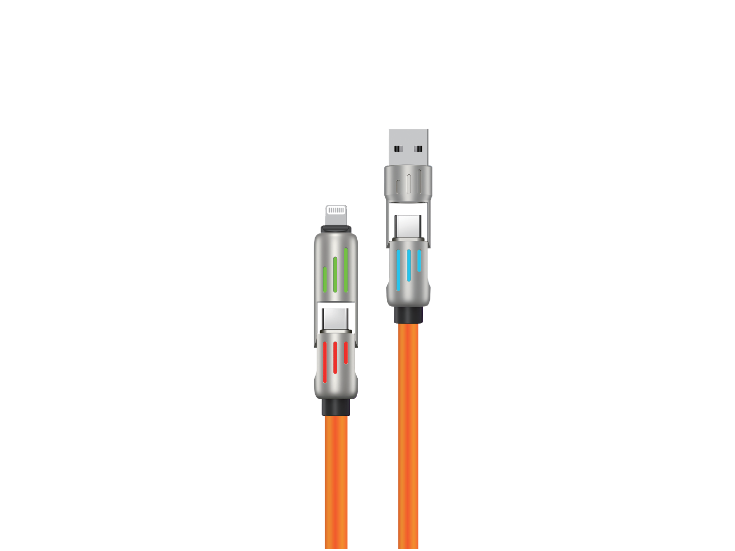 Obraz przedstawia pomarańczowy kabel z dwoma różnymi wtyczkami: USB i Lightning/USB-C. Wtyczki mają podświetlenie w kolorach zielonym, czerwonym i niebieskim.