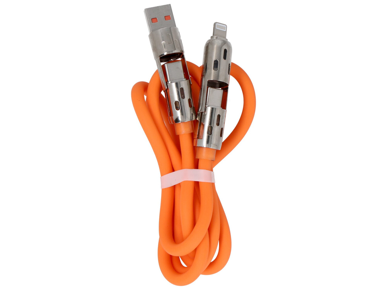 Pomarańczowy kabel z metalowymi wtyczkami USB i Lightning, z podświetlanymi elementami, zwinięty i spięty białą opaską.