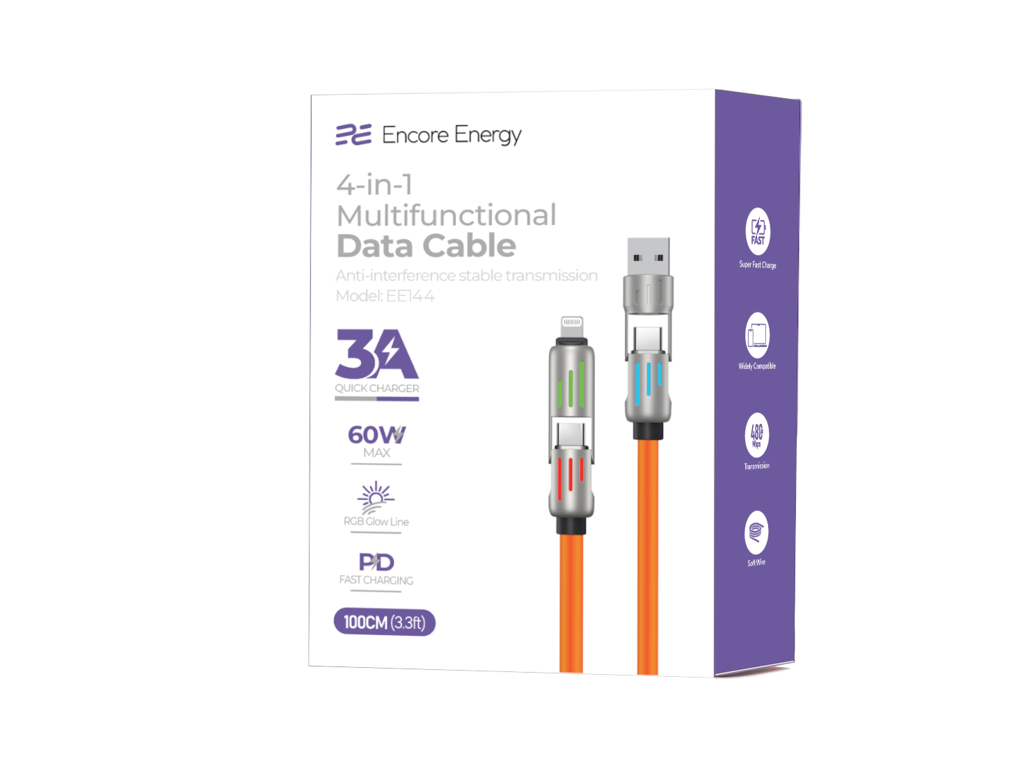 Opakowanie kabla Encore Energy 4-in-1 Multifunctional Data Cable z podświetlanymi wtyczkami, w kolorze pomarańczowym. Na opakowaniu widnieją informacje: 3A Quick Charger, 60W Max, RGB Glow Line, PD Fast Charging, 100CM (3.3ft).