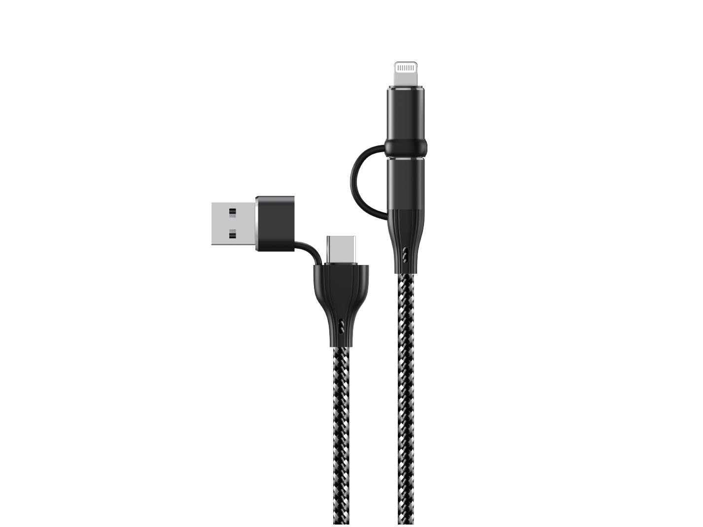 Na obrazie widoczny jest czarno-biały pleciony kabel z końcówkami USB, USB-C i Lightning. Kabel posiada trzy różne złącza na jednym końcu oraz jedno złącze USB na drugim końcu.