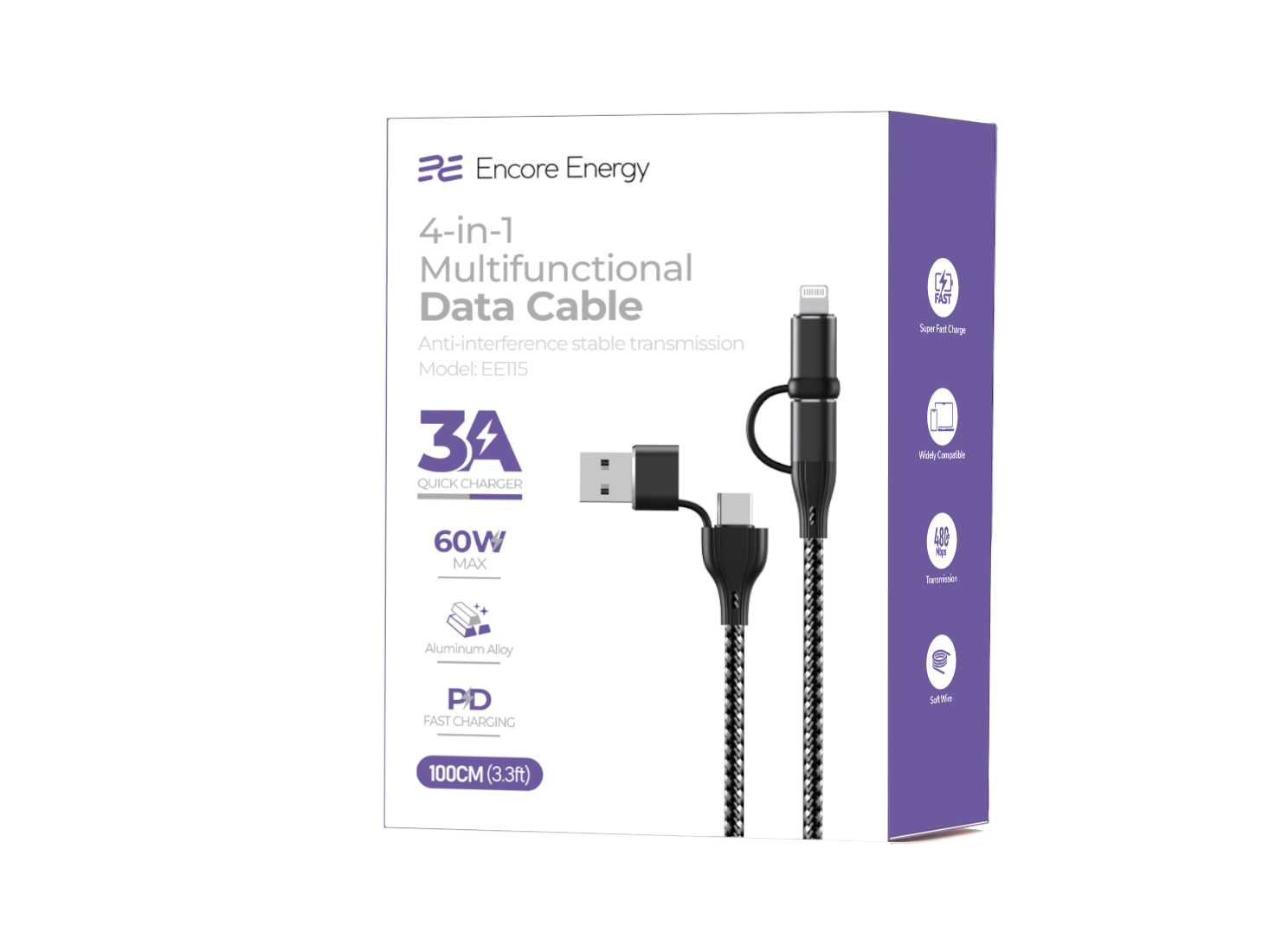Opakowanie kabla Encore Energy 4-in-1 Multifunctional Data Cable z widocznymi końcówkami USB, USB-C i Lightning. Na opakowaniu znajdują się informacje: \'3A Quick Charger\', \'60W Max\', \'Aluminum Alloy\', \'PD Fast Charging\', \'100CM (3.3ft)\'.