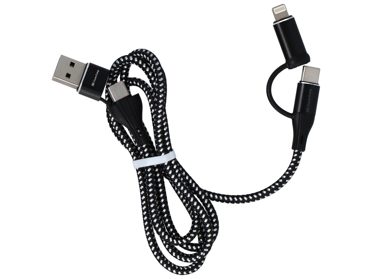 Czarno-biały pleciony kabel z końcówkami USB, USB-C i Lightning. Na końcówkach widoczne są napisy \'Encore Energy\'.