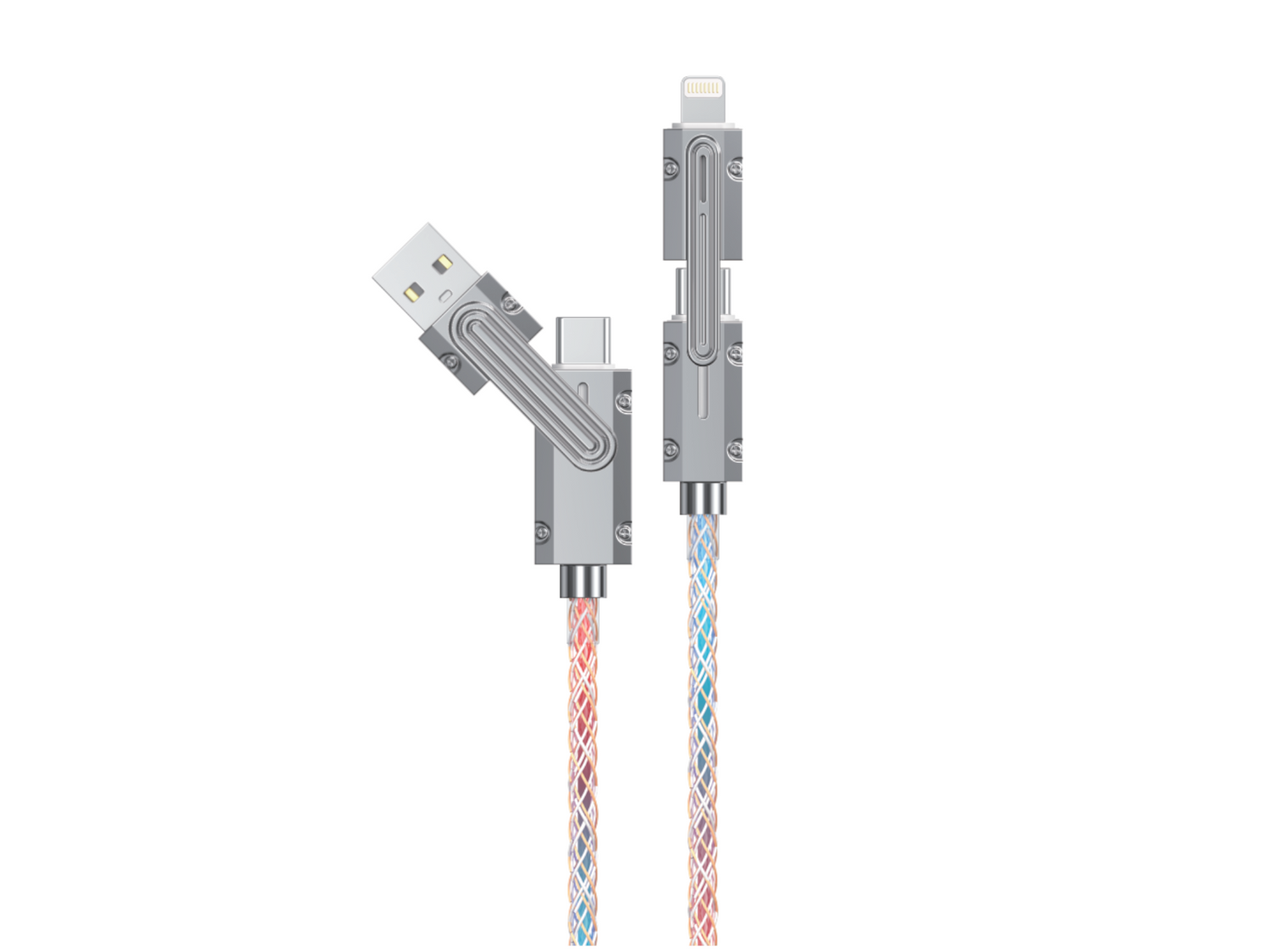 Obraz przedstawia kabel z trzema różnymi końcówkami: USB, USB-C i Lightning. Kabel ma kolorowy, podświetlany oplot.