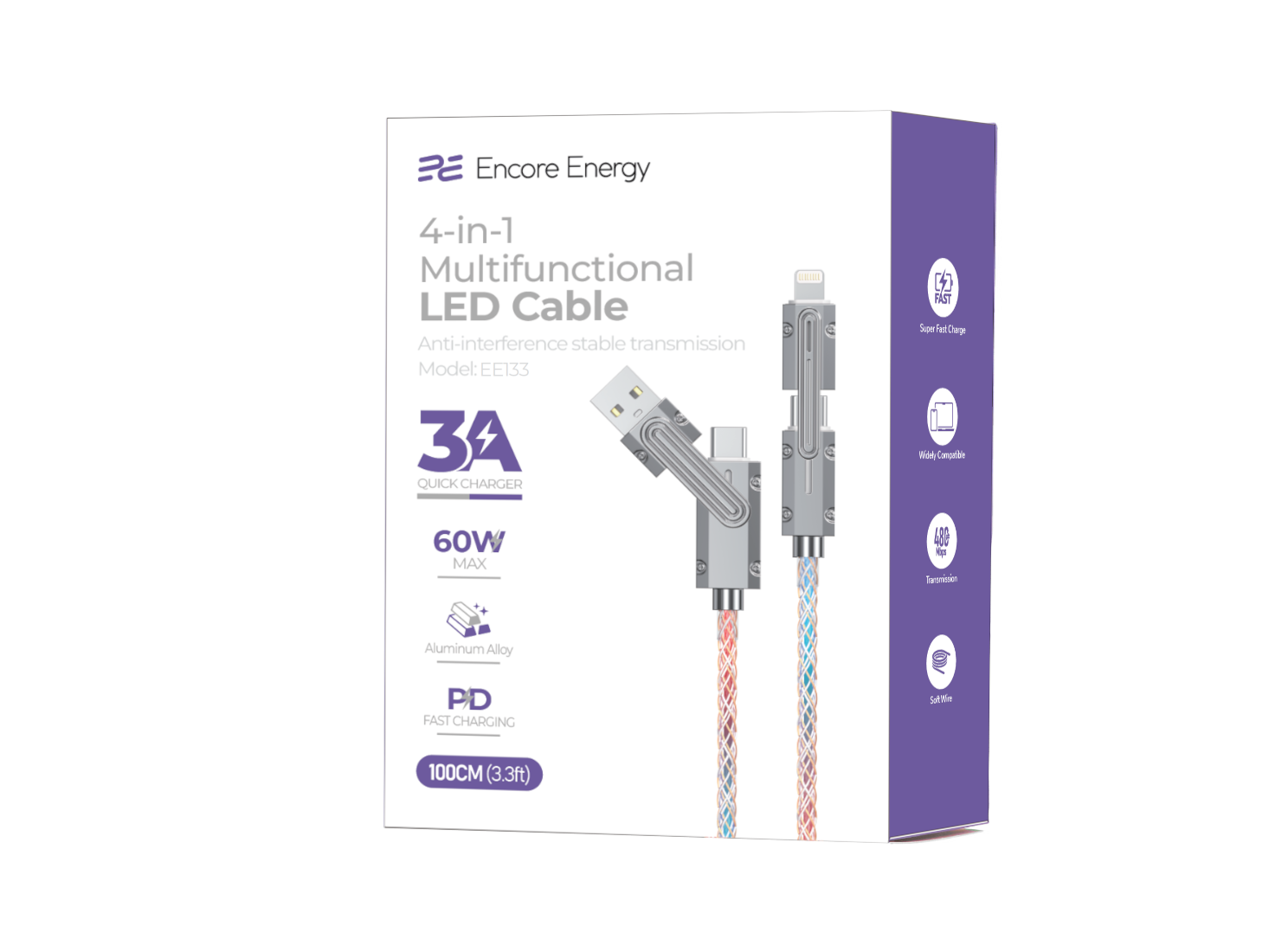 Opakowanie kabla Encore Energy 4w1 z widocznymi końcówkami USB, USB-C, Lightning oraz USB-C. Na opakowaniu znajdują się informacje: \'4-in-1 Multifunctional LED Cable\', \'Model: EE133\', \'60W MAX\', \'PD FAST CHARGING\', \'100CM (3.3ft)\'.