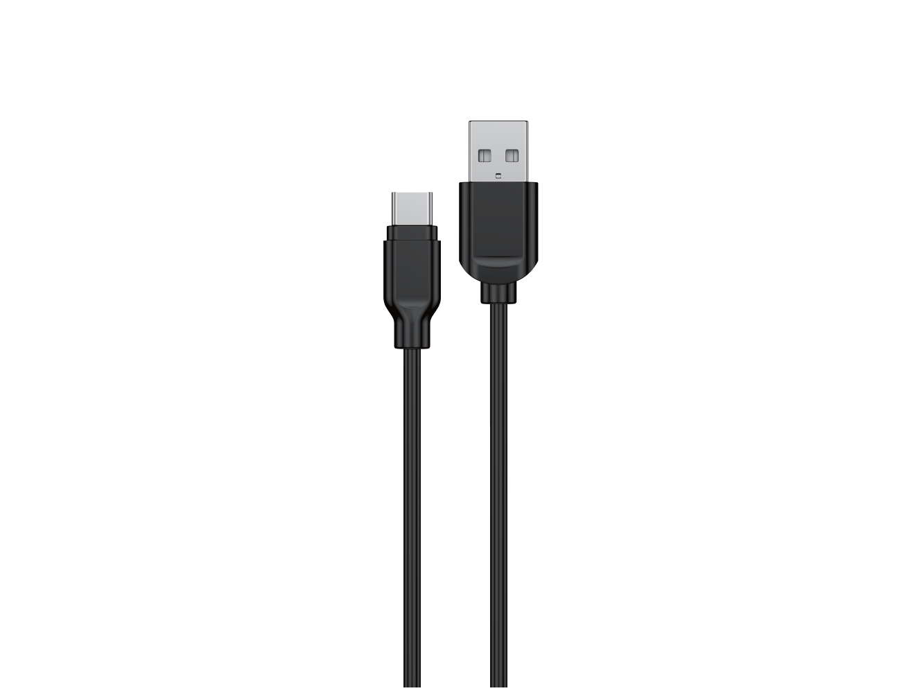 Czarny kabel z końcówkami USB-A i USB-C, widoczny na białym tle.