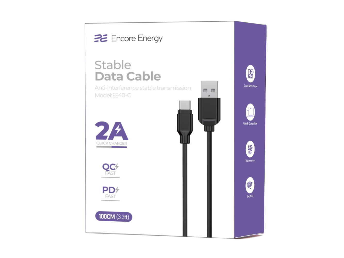 Opakowanie kabla USB-A do USB-C marki Encore Energy, model EE40-C, o długości 100 cm. Na opakowaniu widoczne są informacje o szybkim ładowaniu i kompatybilności z QC i PD.