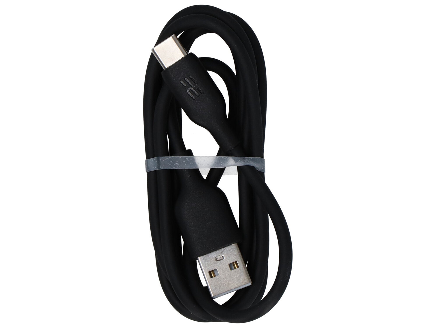 Czarny kabel USB-A do USB-C o długości 1 metra, zwinięty i spięty opaską. Na wtyczce USB-C widoczne jest logo producenta.