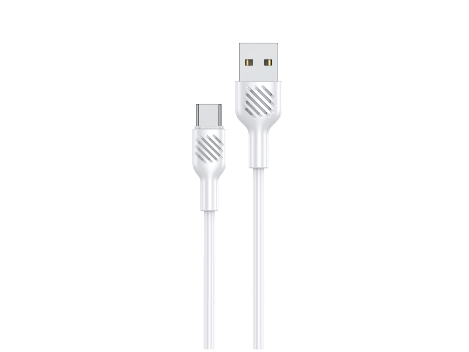 Na obrazie widoczny jest biały kabel z dwoma końcówkami: USB-A i USB-C. Obie końcówki mają delikatne, ukośne żłobienia na obudowie.