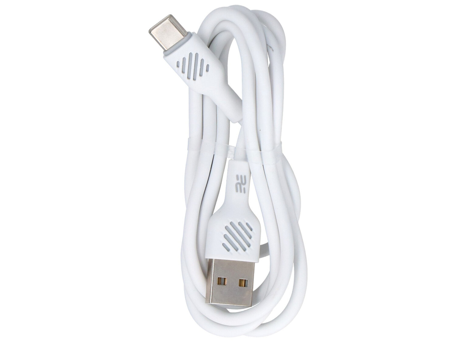 Biały kabel USB-A do USB-C z widocznym logo \'EE\' na obu końcówkach. Kabel jest zwinięty i ma teksturowane uchwyty przy złączach.