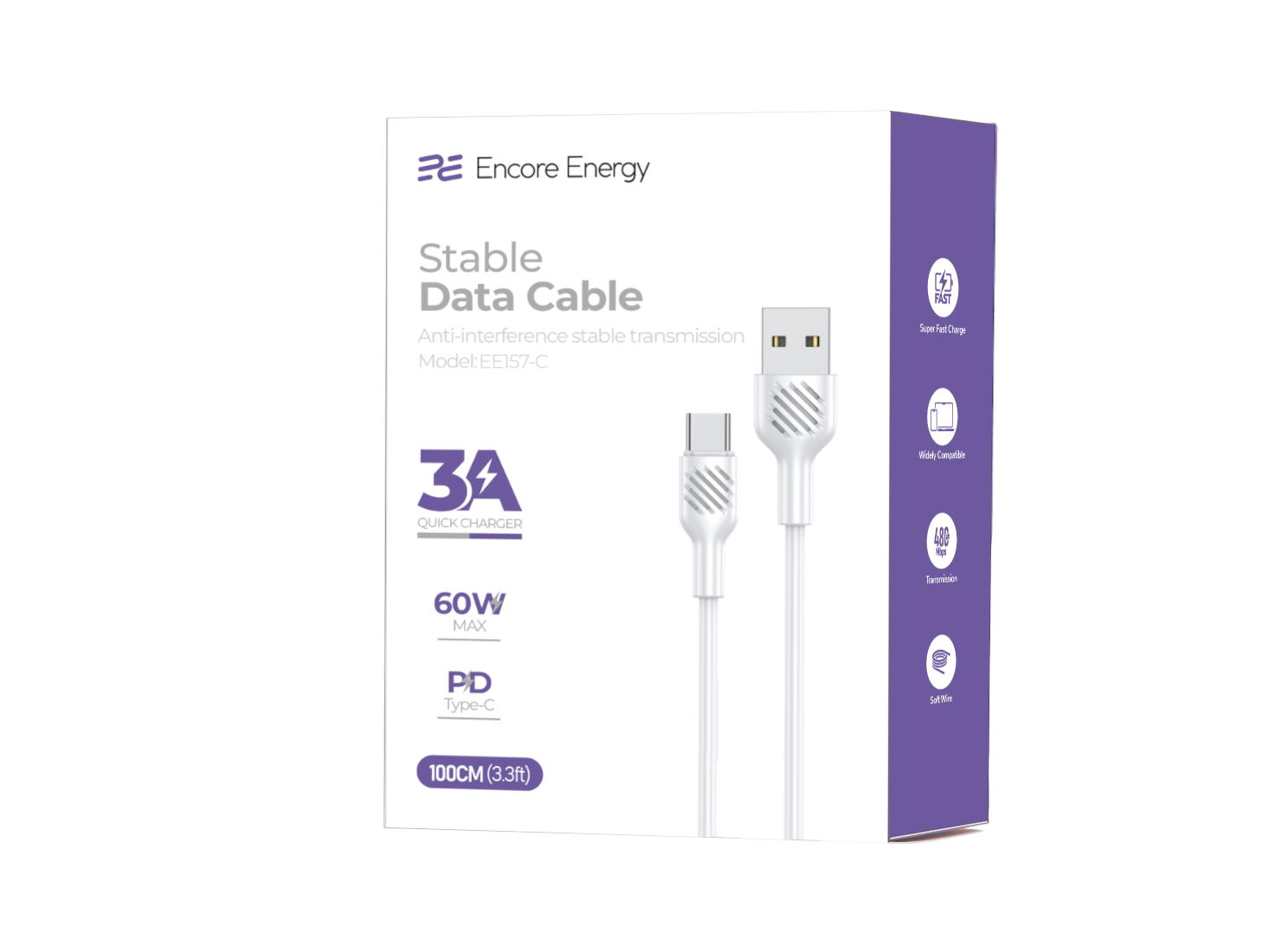 Opakowanie kabla USB-A do USB-C marki Encore Energy, model EE157-C, o długości 100 cm i mocy 60W, w kolorze białym. Na opakowaniu widoczne są informacje: \'Stable Data Cable\', \'3A Quick Charger\', \'60W MAX\', \'PD Type-C\', \'100CM (3.3ft)\'.