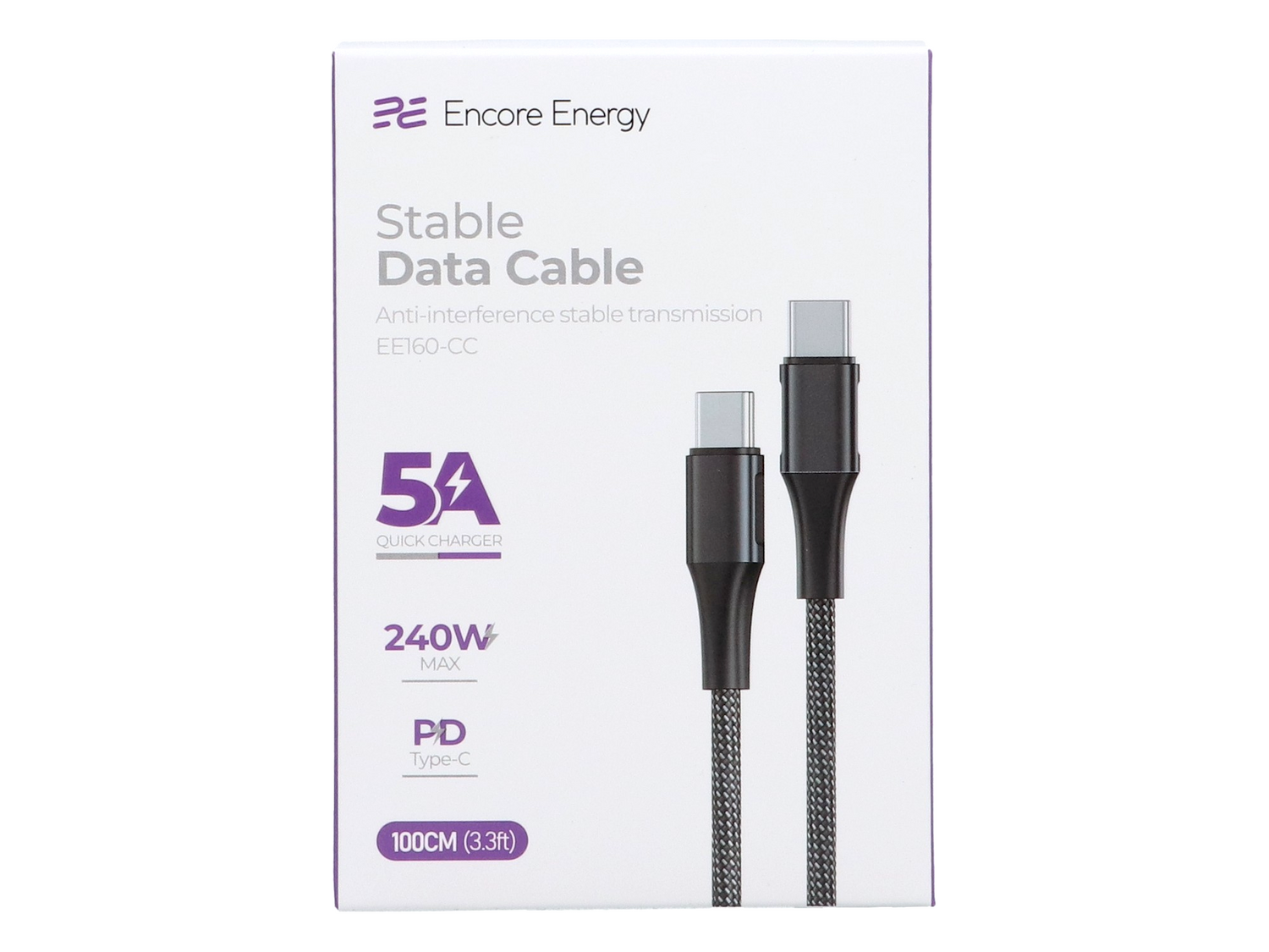 Opakowanie kabla USB-C — USB-C marki Encore Energy z napisem \'Stable Data Cable\' oraz informacjami: \'5A Quick Charger\', \'240W MAX\', \'PD Type-C\', \'100CM (3.3ft)\'.