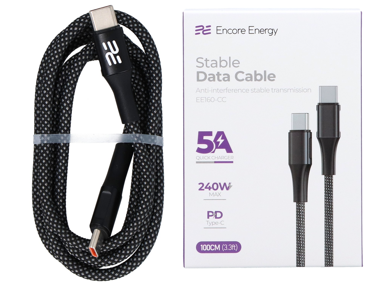 Na obrazie widoczny jest szary, pleciony kabel USB-C oraz opakowanie z napisem \'Encore Energy Stable Data Cable EE160-CC\'. Opakowanie zawiera informacje: \'5A Quick Charger\', \'240W MAX\', \'PD Type-C\', \'100CM (3.3ft)\'.