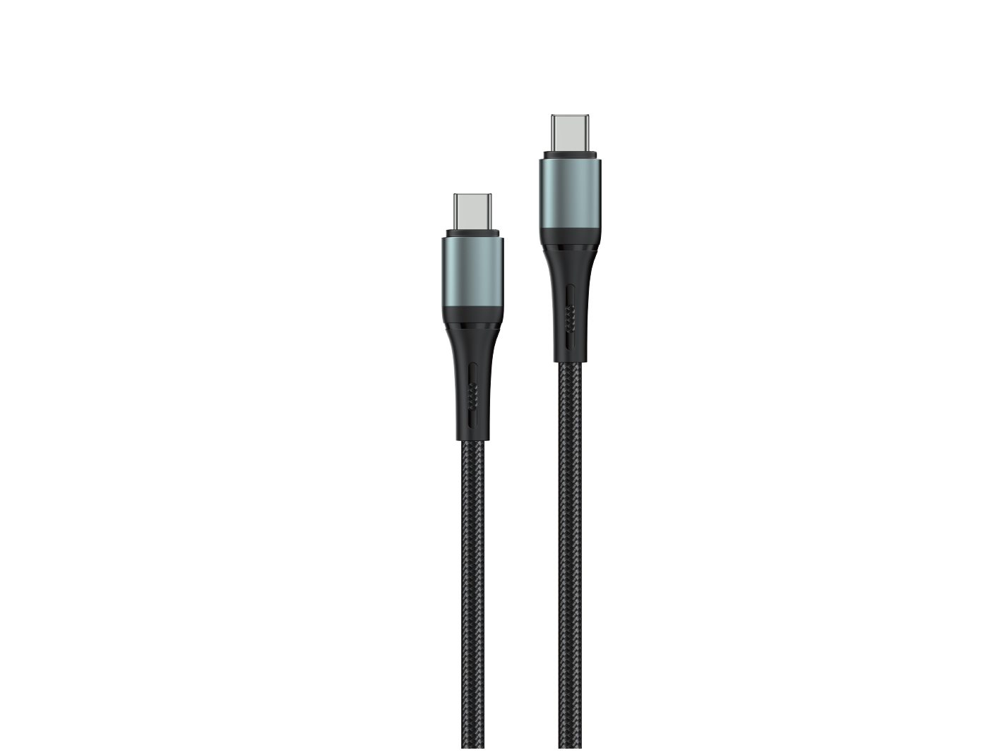 Obraz przedstawia czarny kabel USB-C do USB-C z plecionym oplotem. Końcówki kabla mają metaliczne wykończenie.