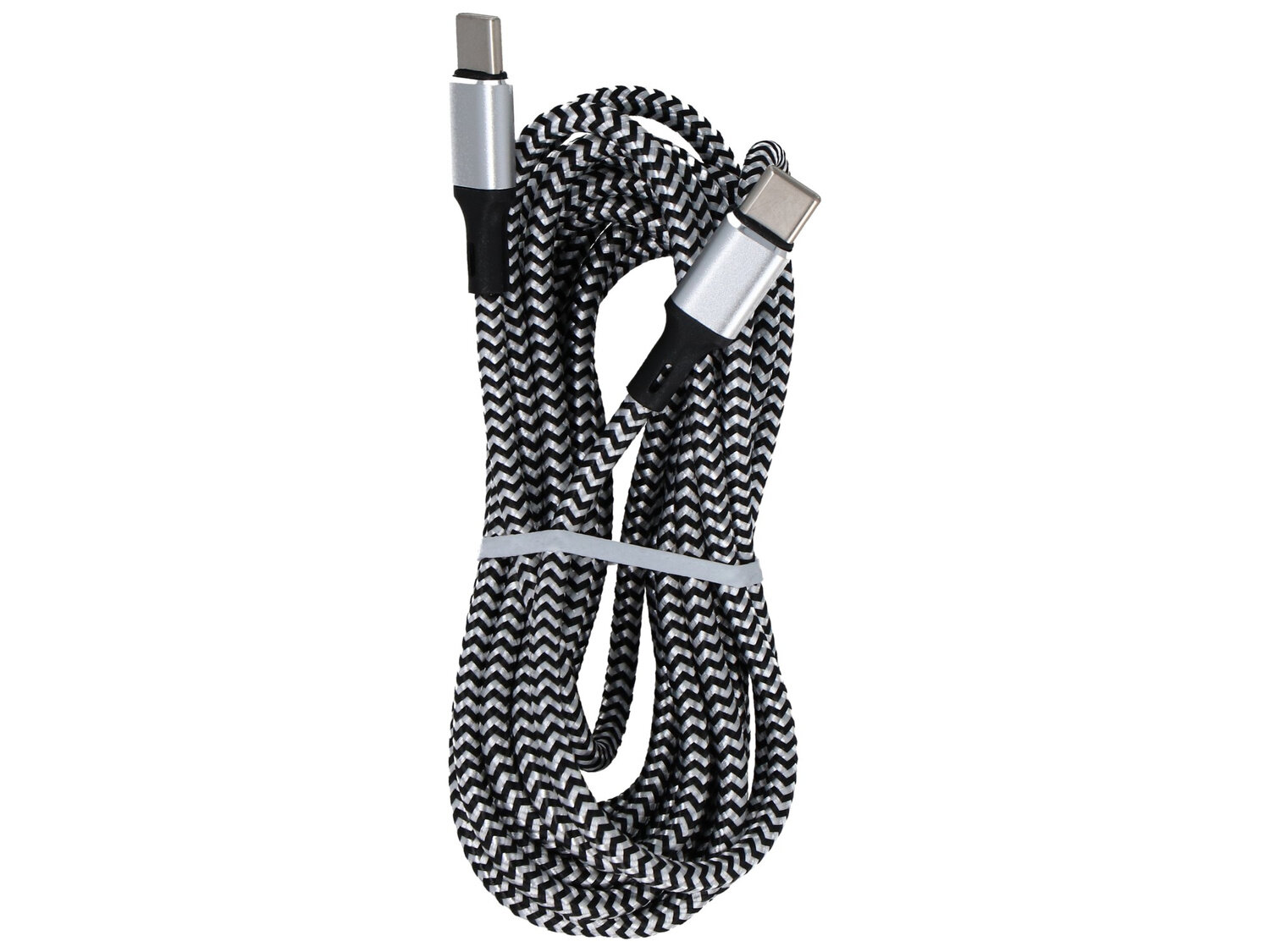 Czarno-biały pleciony kabel USB-C do USB-C z metalowymi końcówkami, zwinięty i spięty opaską.