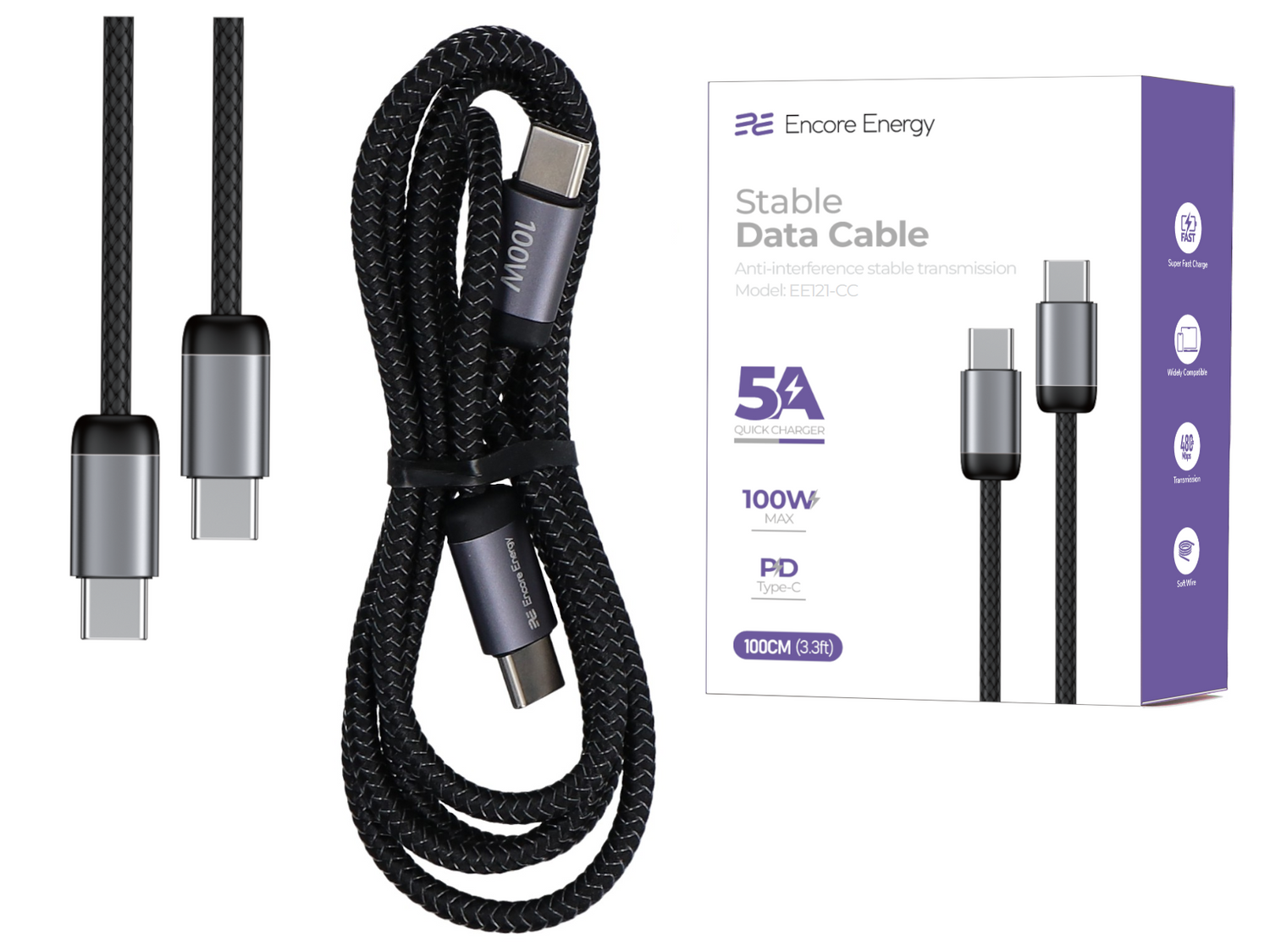 Obraz przedstawia czarny, pleciony kabel USB-C — USB-C z oznaczeniem \'100W\' na wtyczce. Obok znajduje się pudełko z napisem \'Encore Energy Stable Data Cable\' oraz specyfikacjami: \'5A Quick Charger\', \'100W MAX\', \'PD Type-C\', \'100CM (3.3ft)\'.